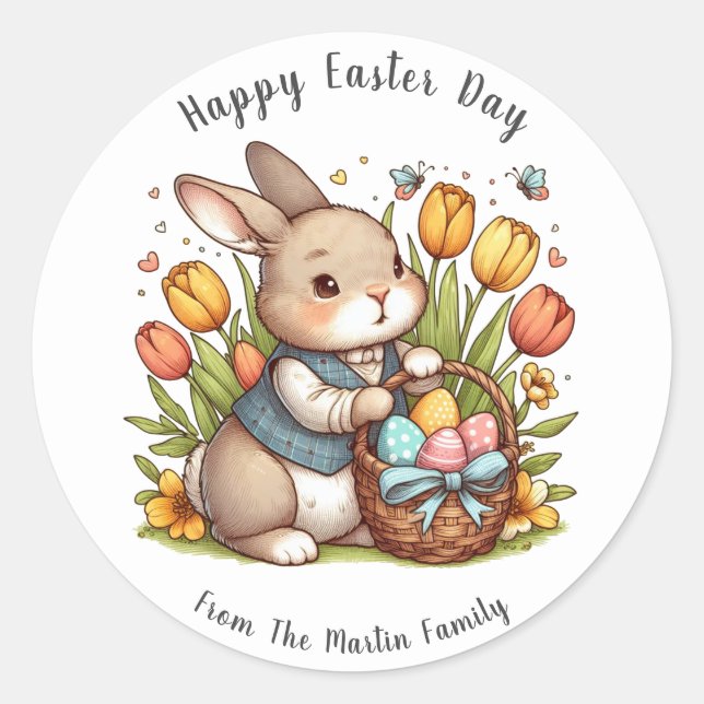 Butterfly, Poppy, Bunny Happy Easter Day Classic Round Sticker (Front)