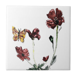 Butterfly Poppy Floral Art Nature Tile
