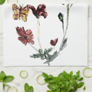 Butterfly Poppy Flowers Illustration Tea Towel