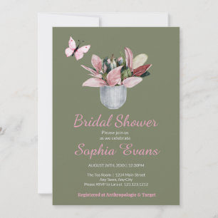 Butterfly & Potted Plant Green Bridal Shower Invitation