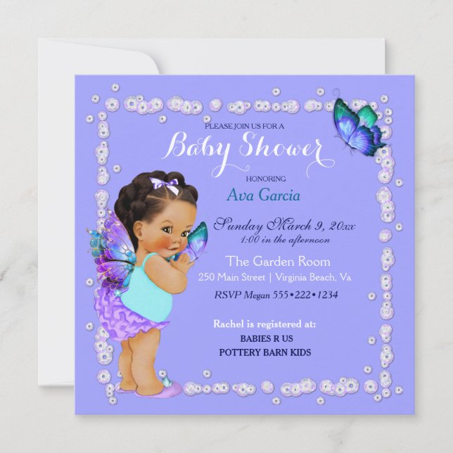 Butterfly Princess Baby Girl Purple Turquoise Invi Invitation (Front)