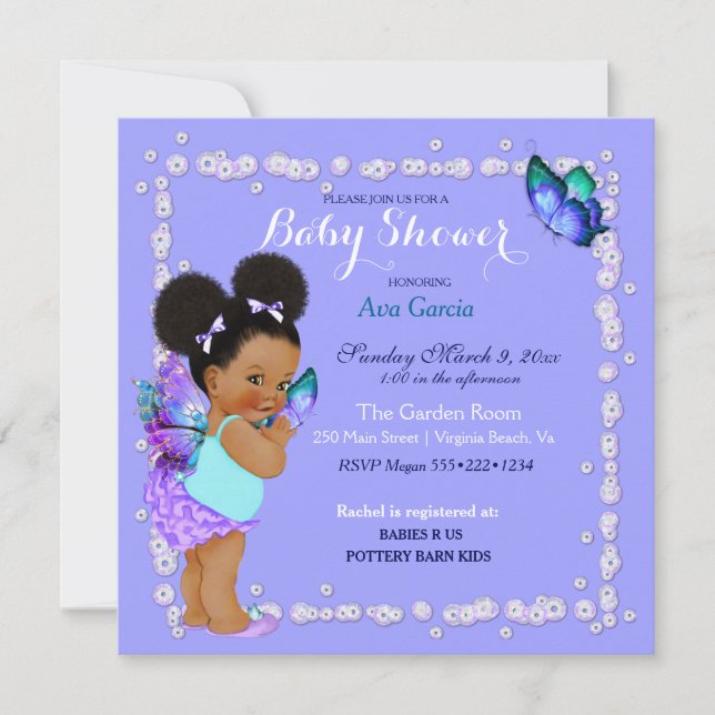 Butterfly Princess Baby Girl Purple Turquoise Invi Invitation (Front)