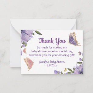 butterfly purple floral girl baby shower thank you card