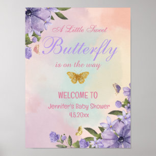 butterfly purple flowers baby shower welcome sign