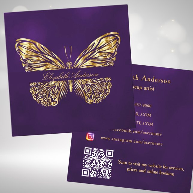 Butterfly purple gold QR code elegant script Square Business Card (Creator Uploaded)