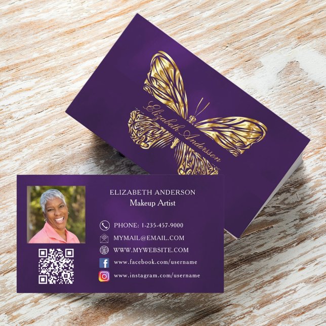 Butterfly purple gold QR code photo Business Card (Creator Uploaded)