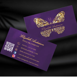 Butterfly purple gold QR code social media Business Card