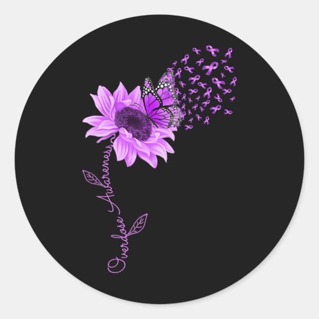 Butterfly Purple Ribbon Sunflower Overdose Awarene Classic Round Sticker (Front)