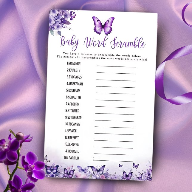 Butterfly Purple Word Scramble Baby Shower Game (Creator Uploaded)