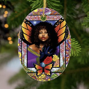 Butterfly Queen Fairy Stained Glass Purple Ceramic Tree Decoration