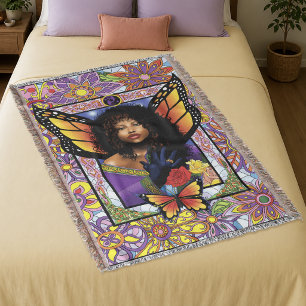 Butterfly Queen Fairy Stained Glass Purple Throw Blanket