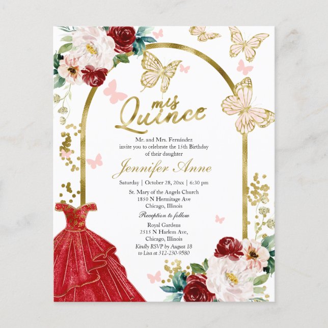 Butterfly Quince Bilingual Budget Invitations (Front)