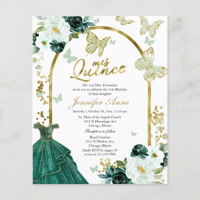 Butterfly Quince Bilingual Budget Invitations (Front)
