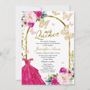 Butterfly Quince Bilingual Invitations Hot Pink