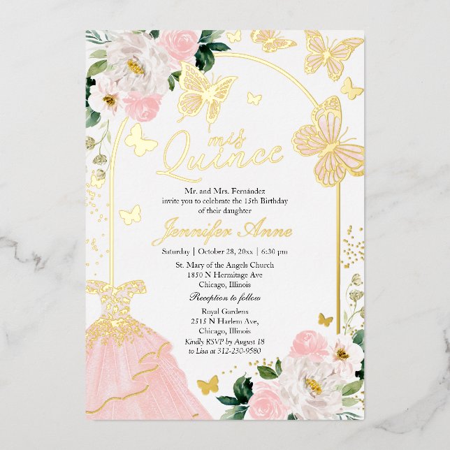 Butterfly Quince Invitations Blush Floral Dress  (Front)