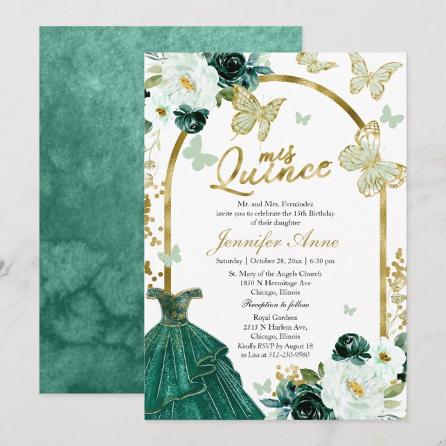 Butterfly Quince Invitations Green Floral Dress (Front/Back)