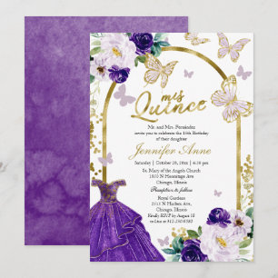 Butterfly Quince Invitations Purple Floral Dress
