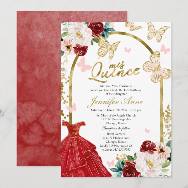 Butterfly Quince Invitations Red Floral Gold Arch (Front/Back)