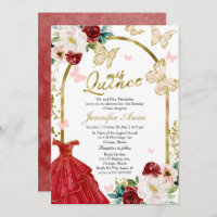 Butterfly Quince Invitations Red Floral Gold Arch