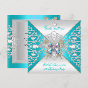 Butterfly Quinceanera 15th Teal Silver Tiara 2 Invitation
