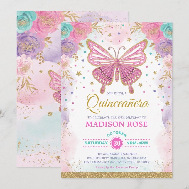 Butterfly Quinceañera Birthday Pink Purple Floral Invitation (Front/Back)