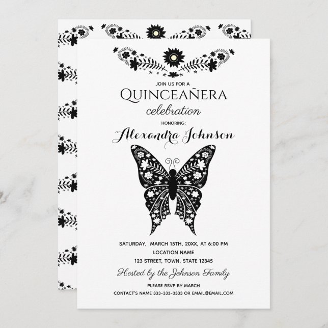 Butterfly Quinceanera Black & White 15th Birthday Invitation (Front/Back)