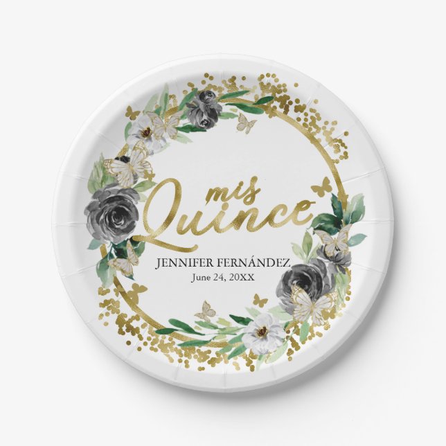 Butterfly Quinceanera Paper Plates Black Floral (Front)