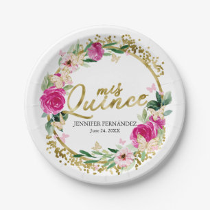Butterfly Quinceanera Paper Plates Hot Pink Floral