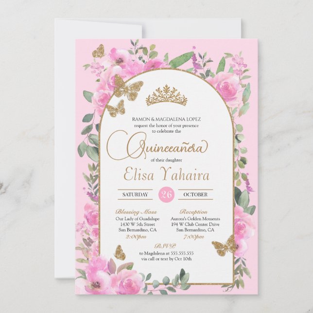 Butterfly Quinceanera Pink Watercolor Floral Invitation (Front)