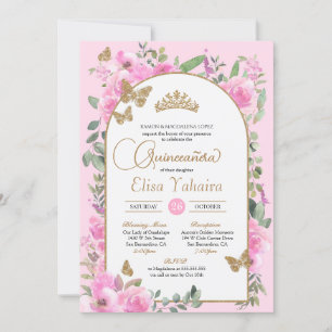Butterfly Quinceanera Pink Watercolor Floral Invitation