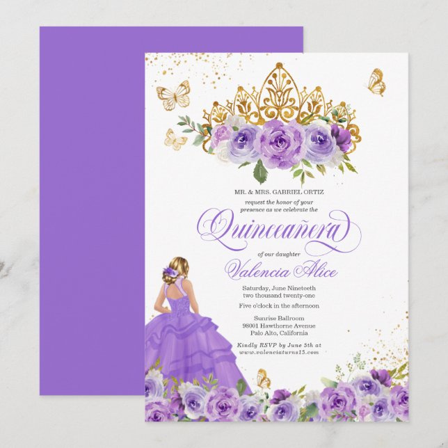 Butterfly Quinceañera + Purple Watercolor Flowers  Invitation (Front/Back)