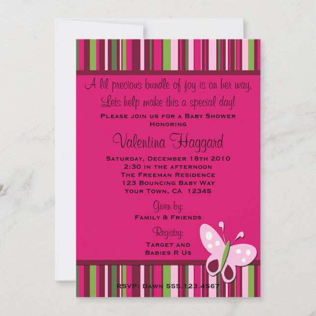 Butterfly Rasberry Pink Lime Green Party Invite (Front)
