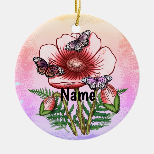 Butterfly Red Poppy  Ceramic Tree Decoration (Front)