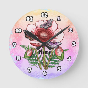 Butterfly Red Poppy  Round Clock