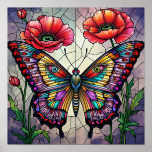 Butterfly & Red Poppy Stained Glass Insect Art Bug Poster