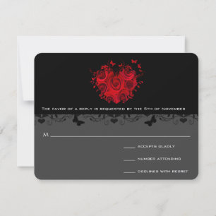 Butterfly Red Rose Heart Black Metallic RSVP Card