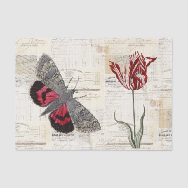 Butterfly Red Tulip Vintage French Tissue Paper (Front)