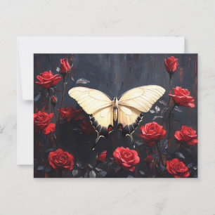 Butterfly Resting Among Vibrant Red Roses Postcard