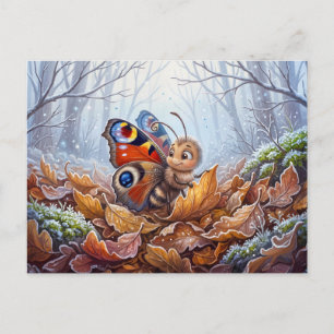 Butterfly Resting in Autumn Leaves at First Cold N Postcard