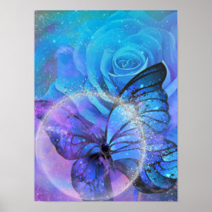 Butterfly, Rose and Moon Poster
