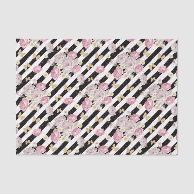 Butterfly Rose Daisy Floral Black White Stripe Tissue Paper (Front)