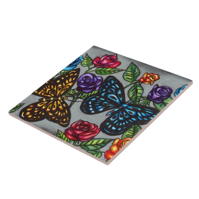 Butterfly rose flowers original nature drawing  tile (Side)