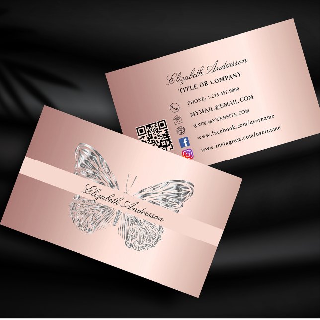Butterfly rose gold QR code social media Business Card (Creator Uploaded)