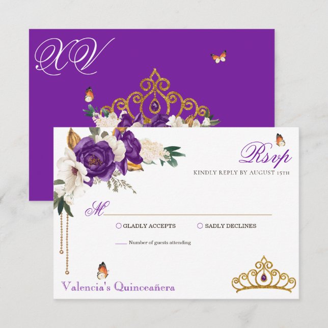 Butterfly Rose Royal Purple Gold Tiara Quinceanera RSVP Card (Front/Back)
