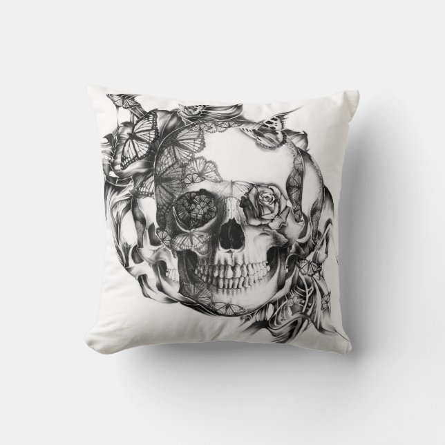 Butterfly Rose Skull from hand illustration Cushion (Front)
