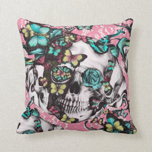 Butterfly rose skull on pink lace. cushion