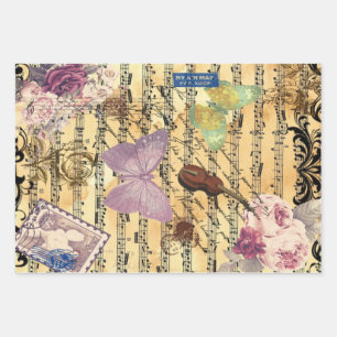 Butterfly, Roses and Notes Ephemera Wrapping Paper Sheet