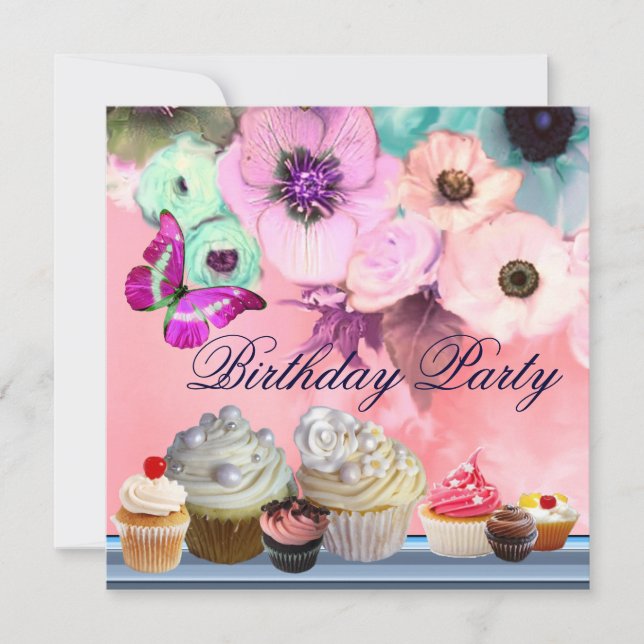 BUTTERFLY,ROSES,ANEMONE FLOWERS,CUPCAKES Birthday Invitation (Front)