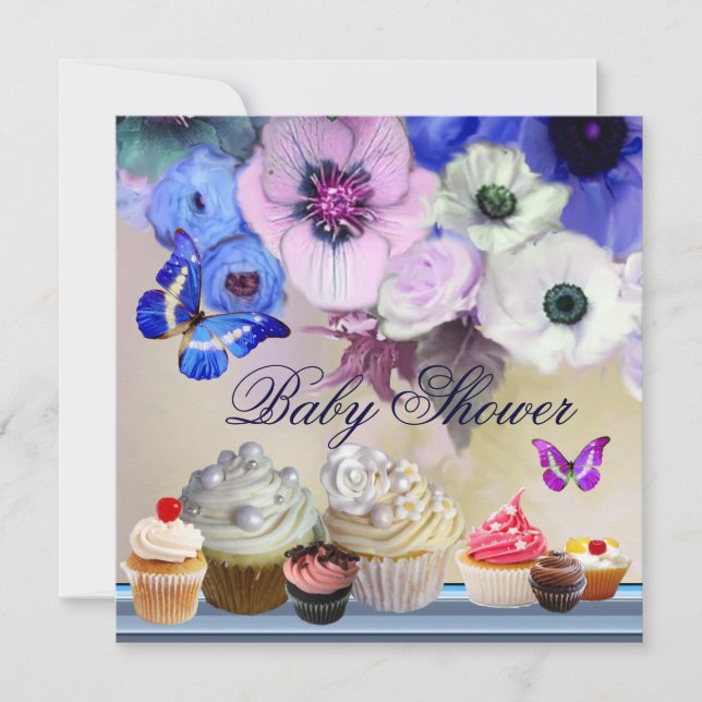 BUTTERFLY,ROSES,FLOWERS ,CUPCAKES Blue Baby Shower Invitation (Front)
