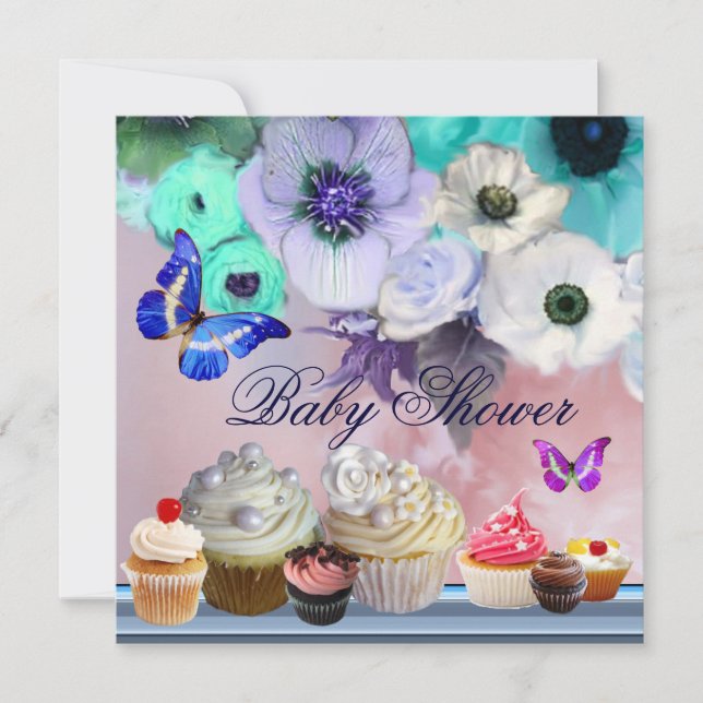 BUTTERFLY,ROSES,FLOWERS ,CUPCAKES Blue Baby Shower Invitation (Front)
